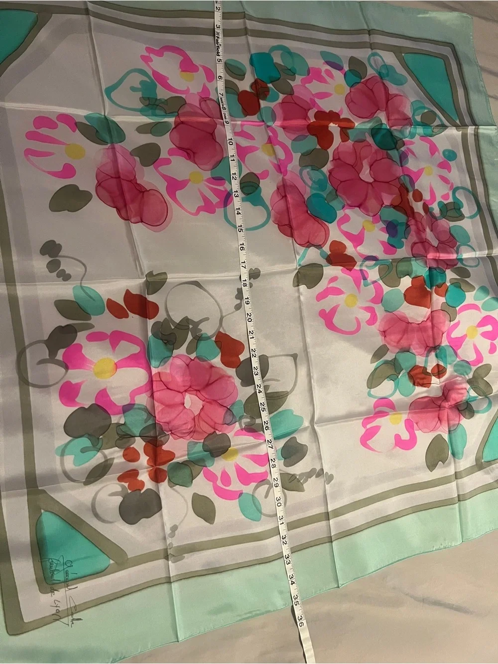 Vintage hand painted silk scarf from Lyon France- floral watercolor signed